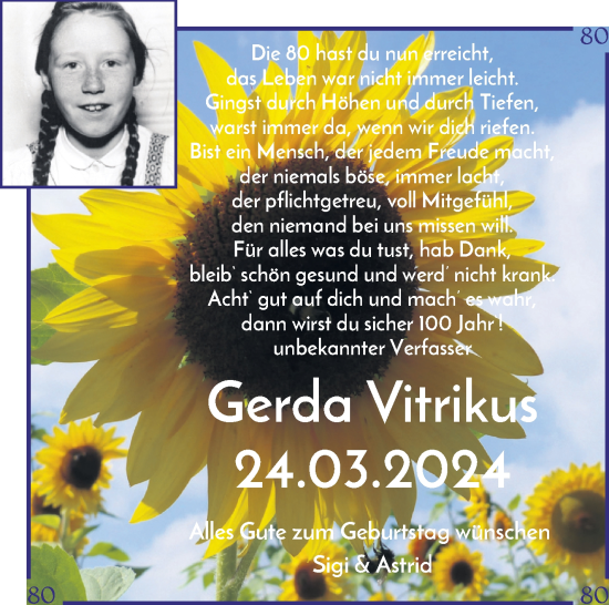 Glückwunschanzeige von Gerda Vitrikus von Die Norddeutsche