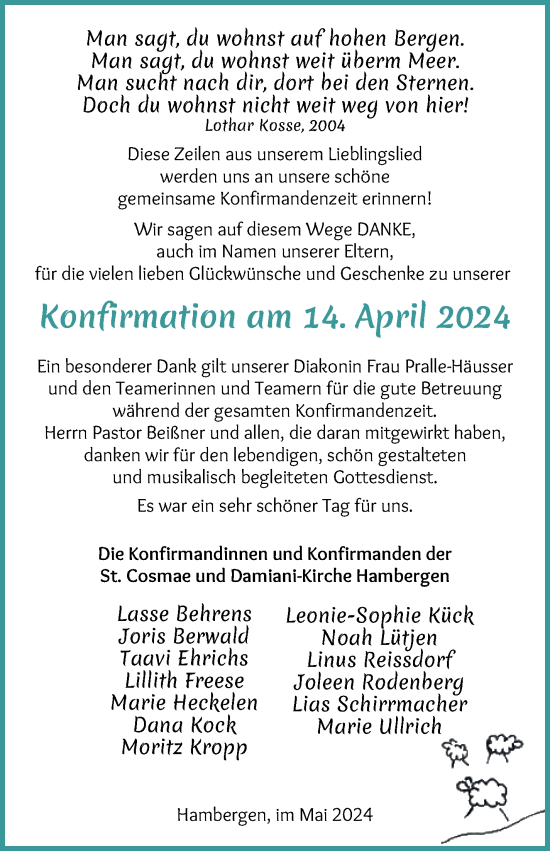 Glückwunschanzeige von Kofirmationen Danksagung von Osterholzer Kreisblatt