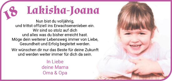 Glückwunschanzeige von Lakisha-Joana Olle von Die Norddeutsche