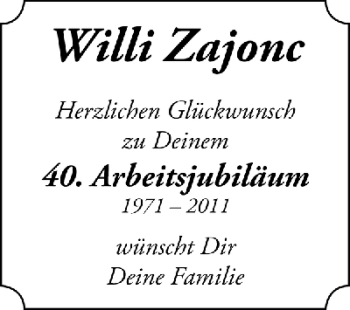 Glückwunschanzeige von Willi Zajonc von WESER-KURIER