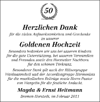 Glückwunschanzeige von Magda und Ernst Heitmann von WESER-KURIER