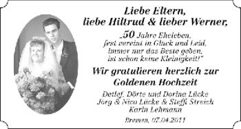 Glückwunschanzeige von Hiltrud und Werner Lücke von WESER-KURIER