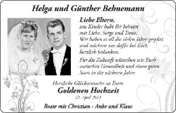 Glückwunschanzeige von Helga und Günther Behnemann von WESER-KURIER