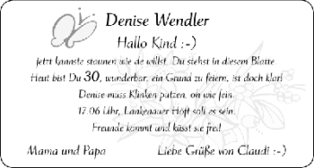 Glückwunschanzeige von Denise Wendler von WESER-KURIER