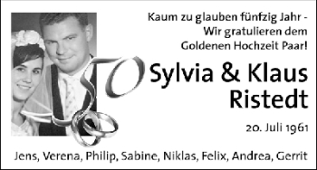 Glückwunschanzeige von Sylvia und Klaus Ristedt von WESER-KURIER