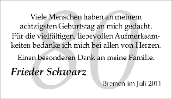 Glückwunschanzeige von Frieder Schwarz von WESER-KURIER