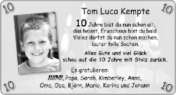 Glückwunschanzeige von Tom Luca Kempte von WESER-KURIER