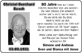 Glückwunschanzeige von Christel-Bernhard Busch von WESER-KURIER