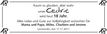 Glückwunschanzeige von Cedric  von WESER-KURIER
