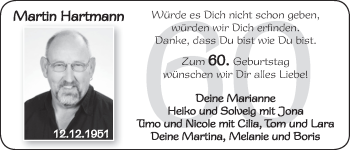 Glückwunschanzeige von Martin Hartmann von WESER-KURIER