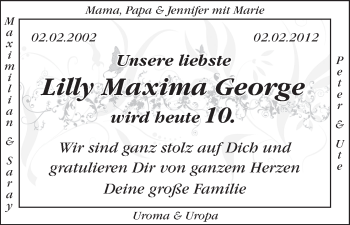 Glückwunschanzeige von Lilly Maxima George von WESER-KURIER