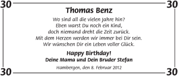 Glückwunschanzeige von Thomas Benz von WESER-KURIER