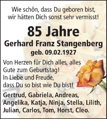 Glückwunschanzeige von Gerhard Franz Stangenberg von WESER-KURIER