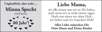 Glückwunschanzeige von Minna Specht von WESER-KURIER