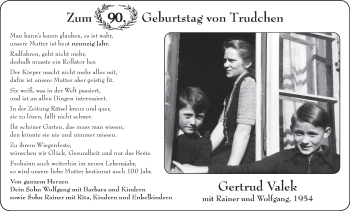 Glückwunschanzeige von Gertrud Valek von WESER-KURIER