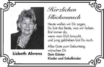 Glückwunschanzeige von Lisbeth Ahrens von WESER-KURIER