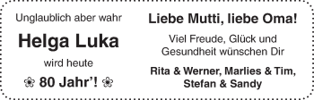 Glückwunschanzeige von Helga Luka von WESER-KURIER