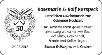 Glückwunschanzeige von Rosemarie und Rolf Karspeck von WESER-KURIER