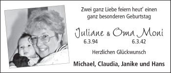 Glückwunschanzeige von Juliane und Moni  von WESER-KURIER