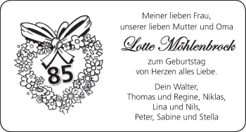 Glückwunschanzeige von Lotte Mühlenbrock von WESER-KURIER