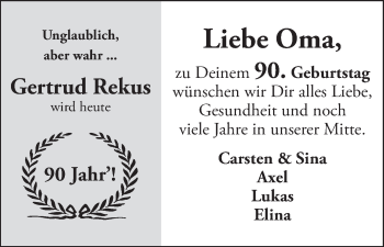 Glückwunschanzeige von Gertrud Rekus von WESER-KURIER