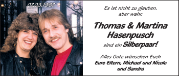 Glückwunschanzeige von Thomas und Martina Hasenpusch von WESER-KURIER