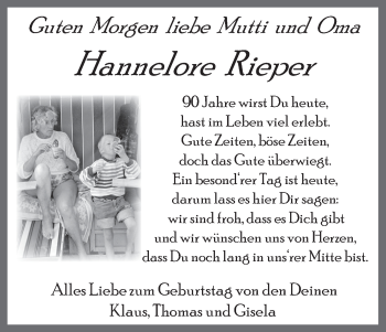 Glückwunschanzeige von Hannelore Rieper von WESER-KURIER