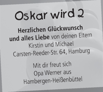 Glückwunschanzeige von Oskar  von WESER-KURIER