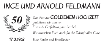 Glückwunschanzeige von Inge und Arnold Feldmann von WESER-KURIER