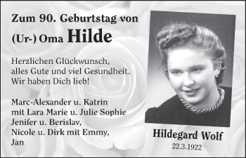 Glückwunschanzeige von Hildegard Wolf von WESER-KURIER