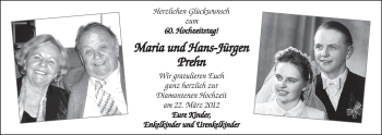 Glückwunschanzeige von Maria und Hans-Jürgen Prehn von WESER-KURIER