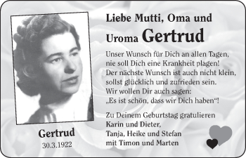 Glückwunschanzeige von Gertrud  von WESER-KURIER