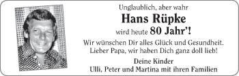 Glückwunschanzeige von Hans Rüpke von WESER-KURIER