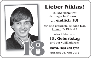 Glückwunschanzeige von Niklas Helfenberger von WESER-KURIER