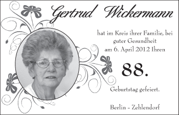 Glückwunschanzeige von Gertrud Wickermann von WESER-KURIER
