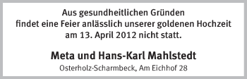 Glückwunschanzeige von Meta und Hans-Karl Mahlstedt von WESER-KURIER