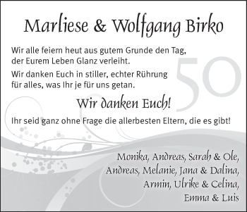 Glückwunschanzeige von Marliese & Wolfgang Birko von WESER-KURIER