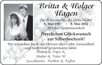 Glückwunschanzeige von Britta und Holger Hagen von WESER-KURIER
