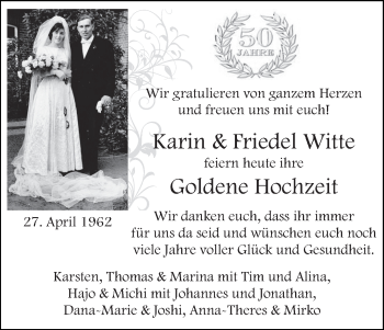 Glückwunschanzeige von Karin und Friedel Witte von WESER-KURIER