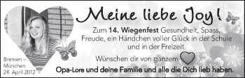 Glückwunschanzeige von Joy  von WESER-KURIER
