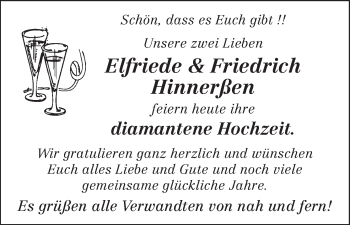 Glückwunschanzeige von Elfriede und Friedrich Hinnerßen von WESER-KURIER