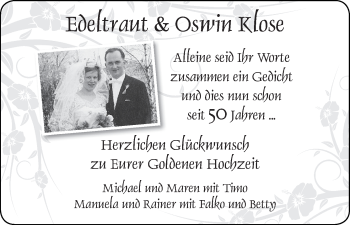 Glückwunschanzeige von Edeltraut und Oswin Klose von WESER-KURIER