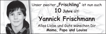Glückwunschanzeige von Yannick Frischmann von WESER-KURIER