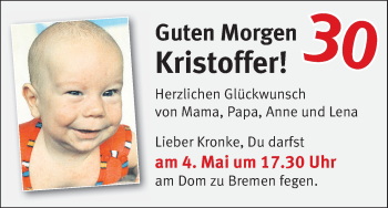 Glückwunschanzeige von Kristoffer Laufmann von WESER-KURIER