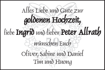 Glückwunschanzeige von Ingrid und Peter Allrath von WESER-KURIER