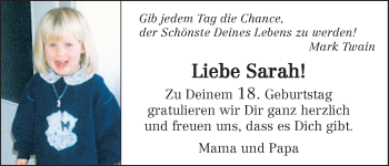 Glückwunschanzeige von Sarah Krongeyer von WESER-KURIER