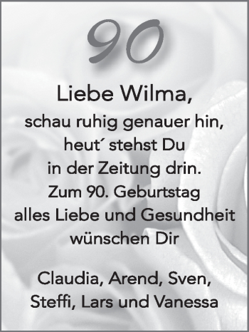 Glückwunschanzeige von wilma  von WESER-KURIER
