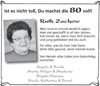Glückwunschanzeige von Ruth Zachow von WESER-KURIER