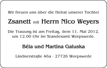Glückwunschanzeige von Zsanett und Nico Weyers von WESER-KURIER