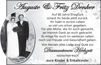 Glückwunschanzeige von Auguste und Fritz Denker von WESER-KURIER